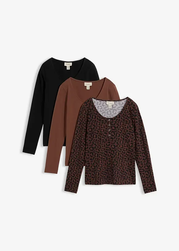 Langarmshirt (3er Pack) aus Baumwoll-Elasthan-Mix in braun von vorne - bonprix
