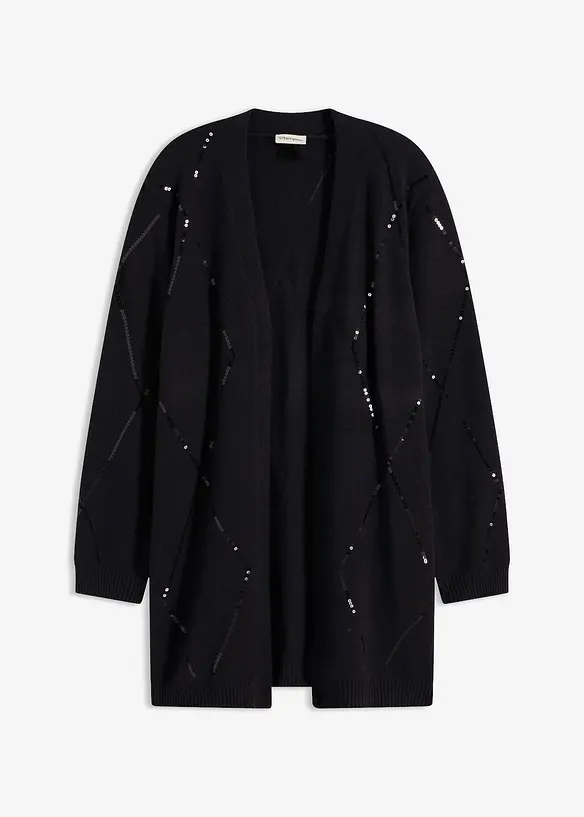 Longstrickjacke mit Pailletten in schwarz von vorne - bonprix