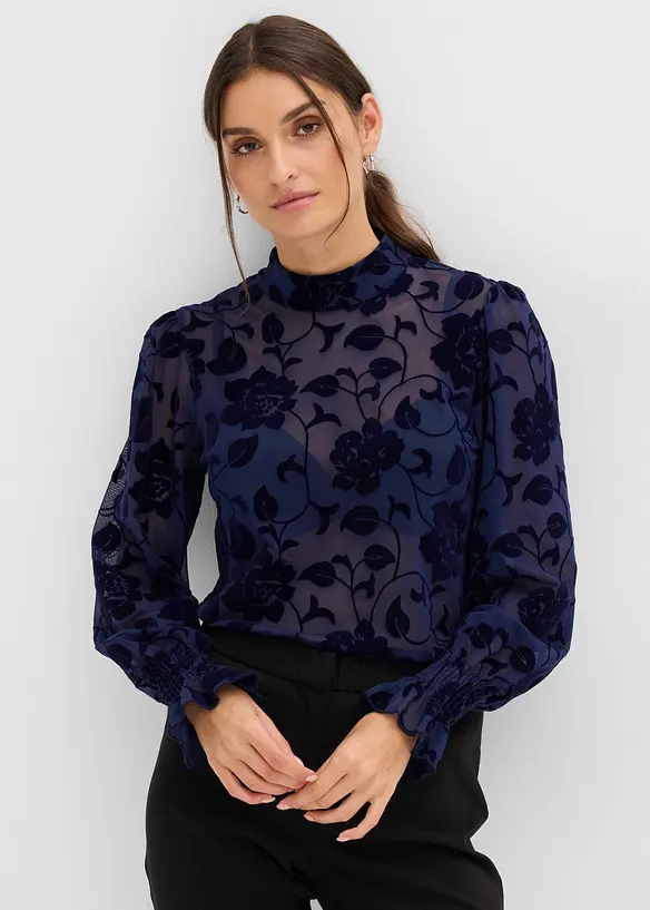 transparentes Langarmshirt mit Flockprint in blau von vorne (im Anschnitt) - bonprix transparentes Langarmshirt mit Flockprint in blau von vorne (im Anschnitt) - bonprix