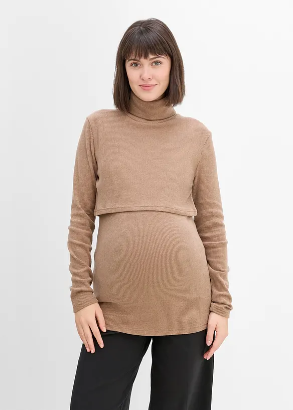 Kuscheliger Umstands- und Still-Rollkragenpullover in beige von vorne (im Anschnitt) - bonprix