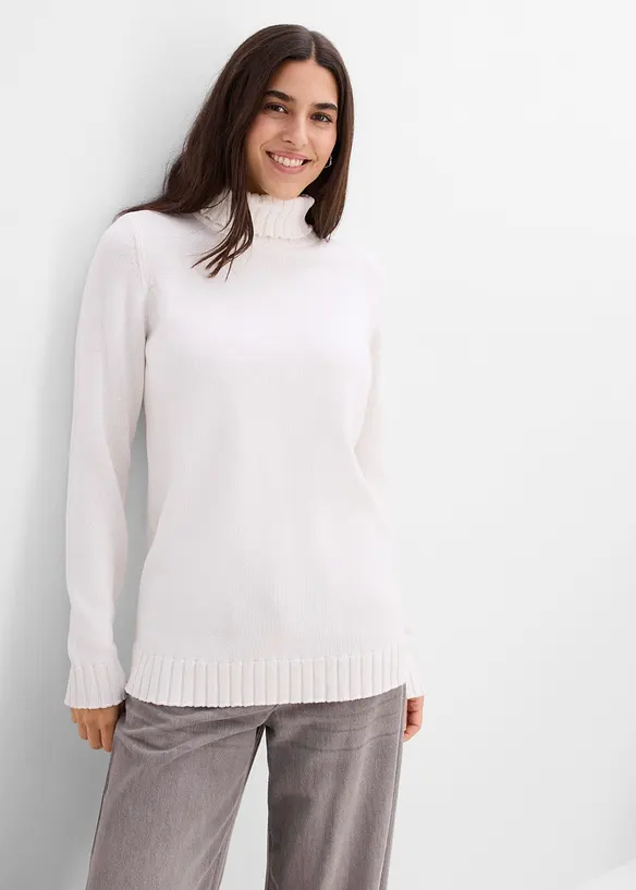 Rollkragenpullover aus Bio-Baumwolle in weiß von vorne (im Anschnitt) - bonprix