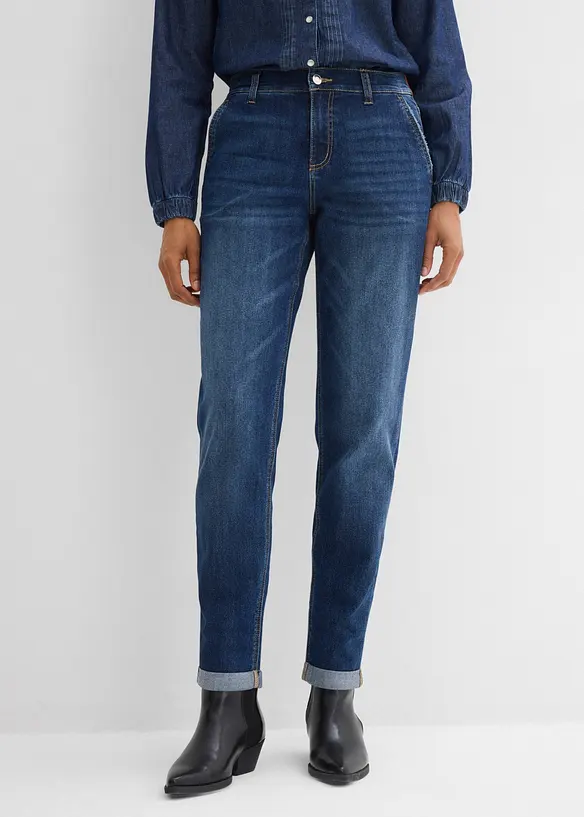 Boyfriend-Jeans, Mid Waist, Gummibund in blau von vorne - bonprix