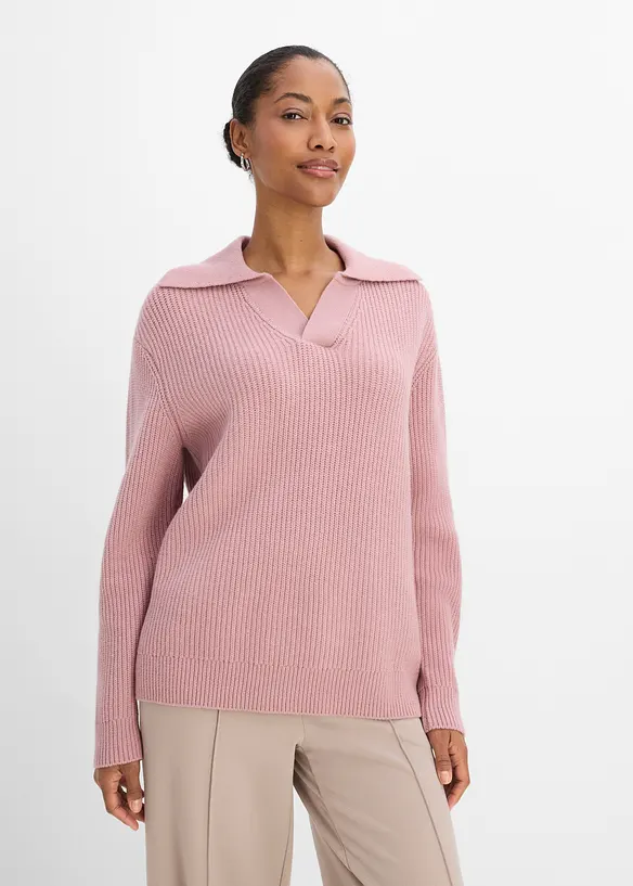 Grobstrick-Pullover im Polo-Stil in rosa von vorne (im Anschnitt) - bonprix