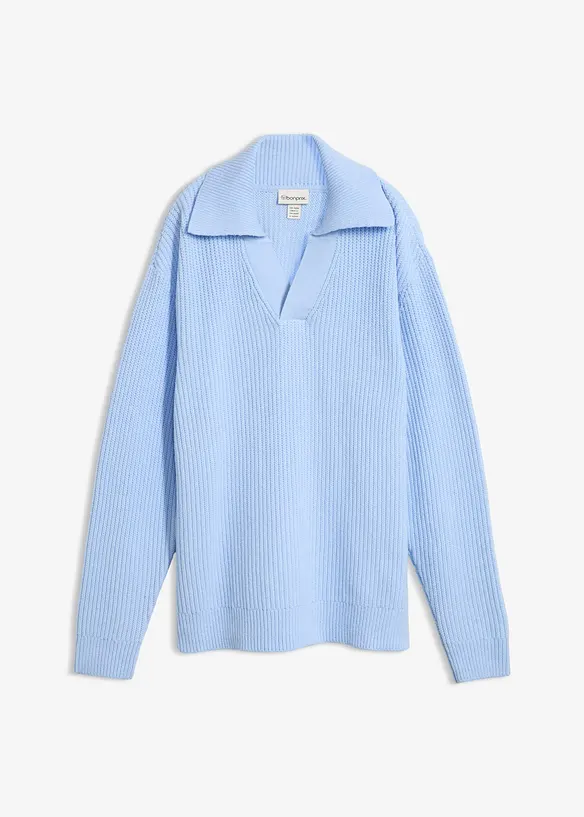 Grobstrick-Pullover im Polo-Stil in blau von vorne - bonprix