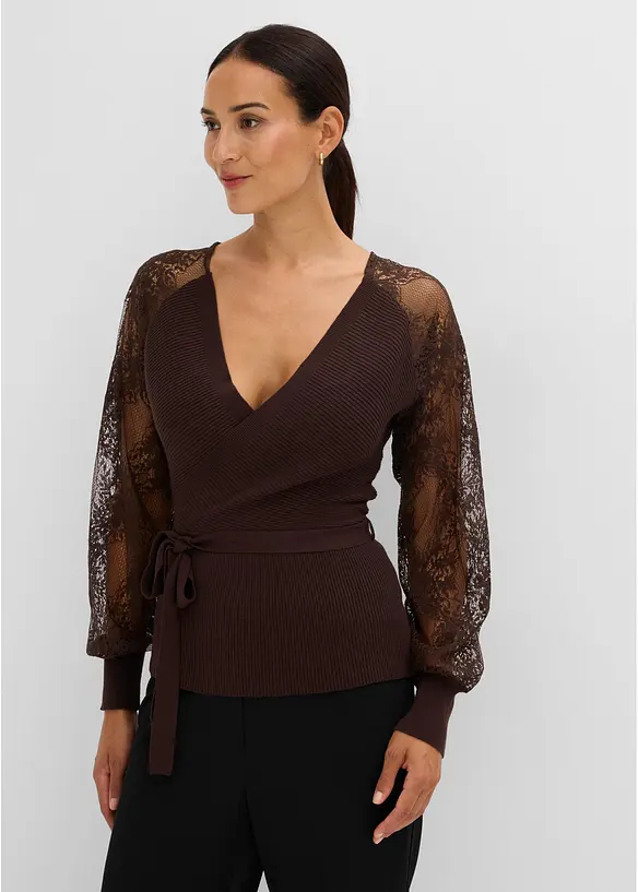 Feinstrickpullover mit Spitze in braun von vorne (im Anschnitt) - bonprix