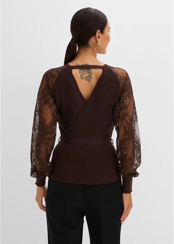Feinstrickpullover mit Spitze in braun von hinten (im Anschnitt) - bonprix