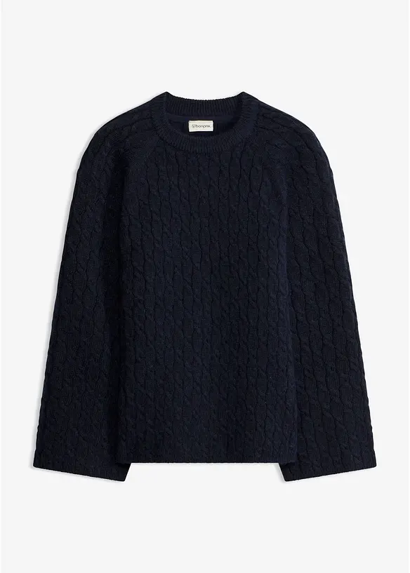 Oversize-Pullover mit Zopfmuster in blau von vorne - bonprix