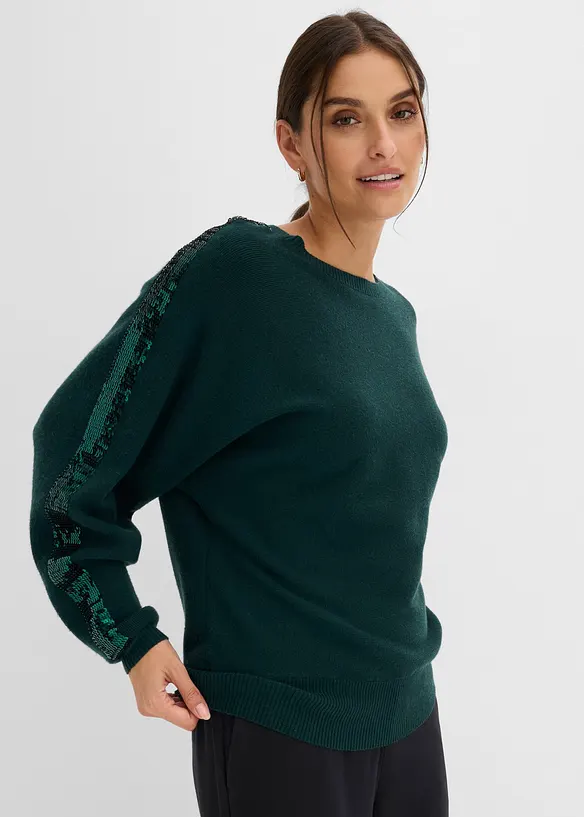 Feinstrickpullover mit Pailletten in grün von vorne (im Anschnitt) - bonprix Feinstrickpullover mit Pailletten in grün von vorne (im Anschnitt) - bonprix