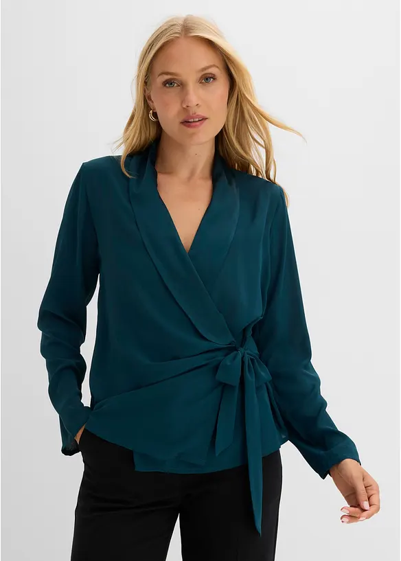 Wickelbluse mit seitlicher Schleife in petrol von vorne (im Anschnitt) - bonprix Wickelbluse mit seitlicher Schleife in petrol von vorne (im Anschnitt) - bonprix