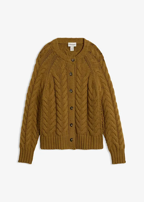 Grobstrickjacke aus feiner Merinowolle mit Zopfmuster in grün von vorne - bonprix