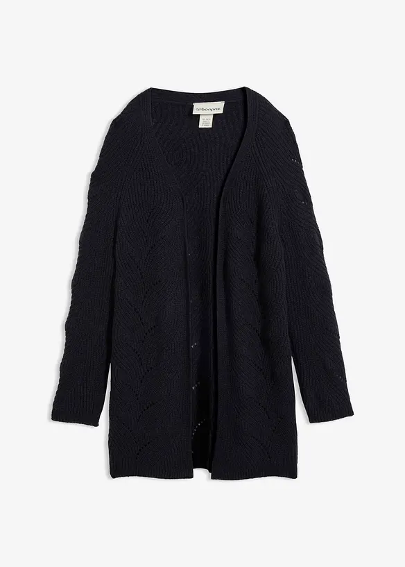 Longstrickjacke aus feinem Merinowoll-Mix mit Ajourmuster in blau von vorne - bonprix