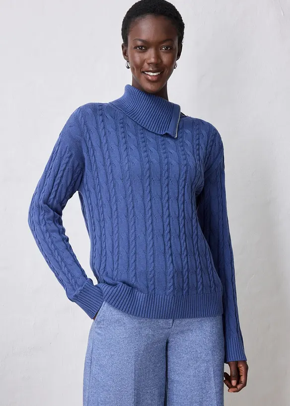 Rollkragenpullover aus weichem Woll-Mix in blau von vorne (im Anschnitt) - bonprix