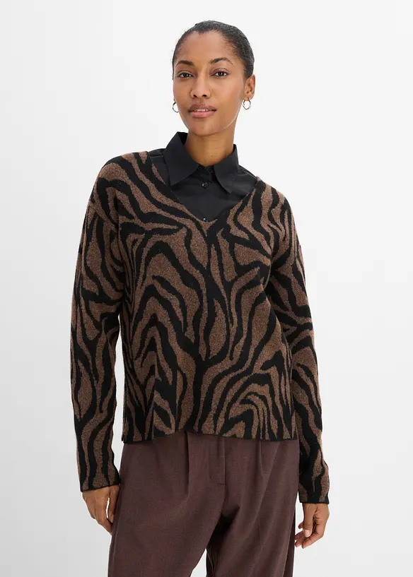 Pullover mit Jacquardmuster in braun von vorne (im Anschnitt) - bonprix