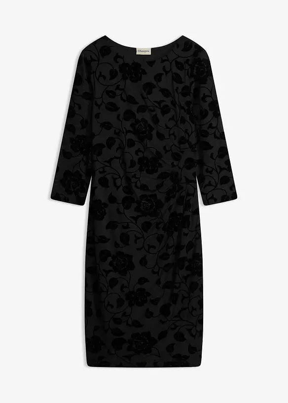 Mesh-Kleid mit edlem Flockprint in schwarz von vorne - bonprix