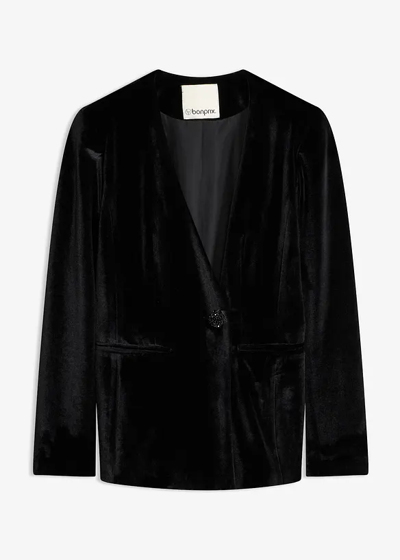 Blazer aus Samt mit Glitzer-Knopf in schwarz von vorne - bonprix