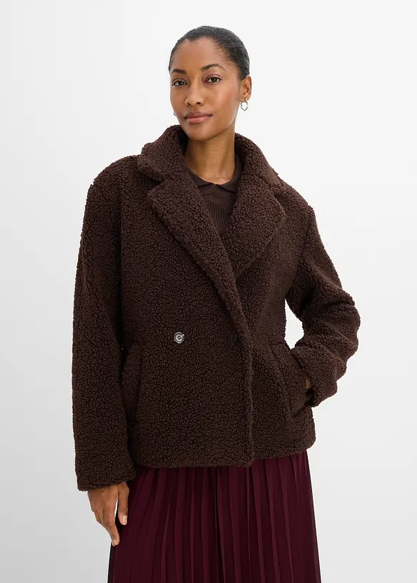 Teddyfell-Jacke mit Kragen und Doppelknopf in braun von vorne (im Anschnitt) - bonprix