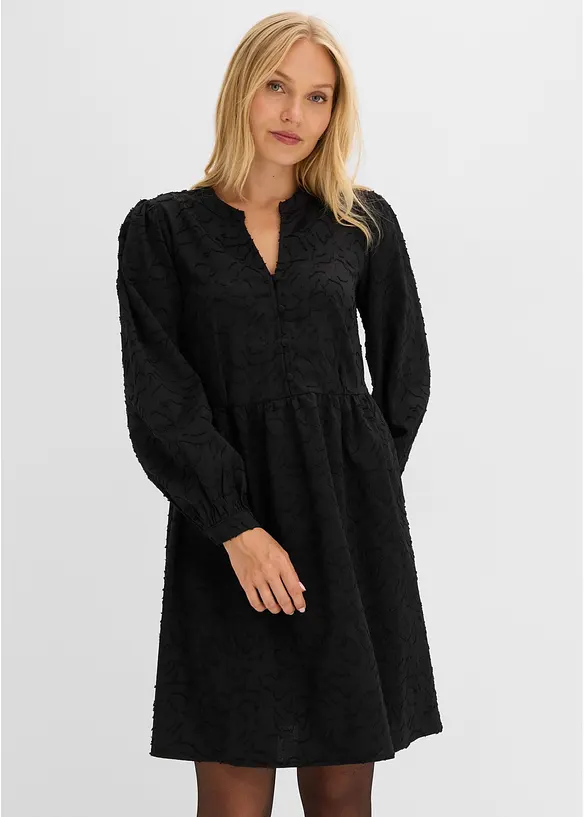 Langarm Kleid mit Stickerei in schwarz von vorne (Totalaufnahme) - bonprix