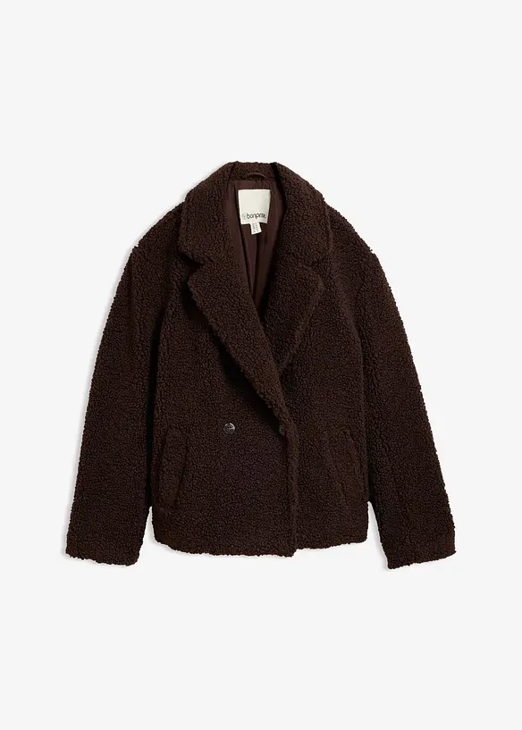 Teddyfell-Jacke mit Kragen und Doppelknopf in braun von vorne - bonprix
