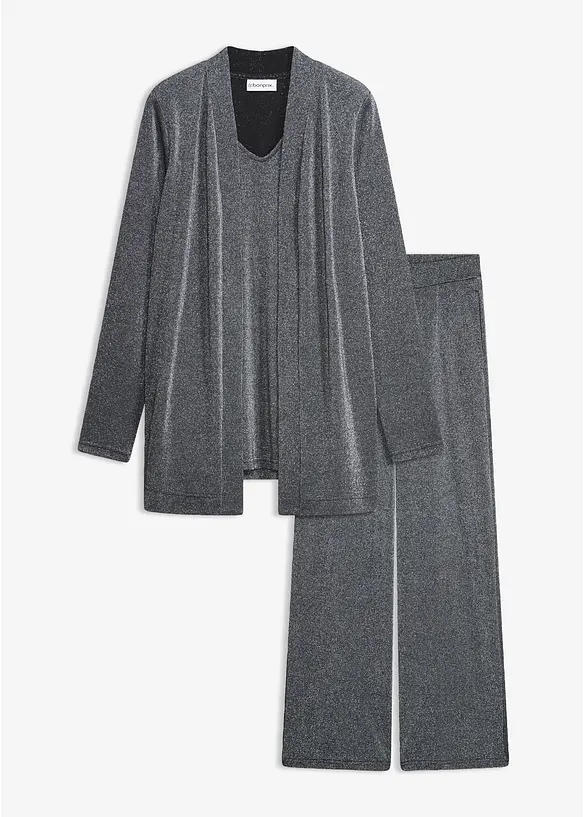 Glitzershirt in 2-1 Optik mit Hose (2-tlg. Set) in schwarz von vorne - bonprix