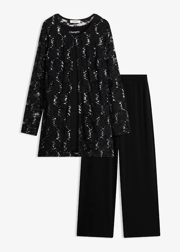 Top mit Spitzenjacke und Hose (3-tlg. Set) in schwarz von vorne - bonprix