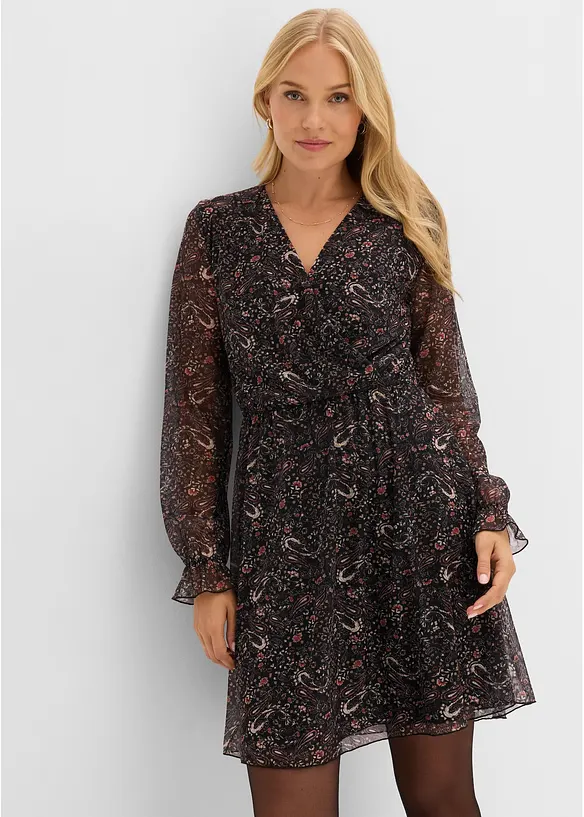 Jerseykleid aus feinem Mesh in schwarz von vorne (Totalaufnahme) - bonprix