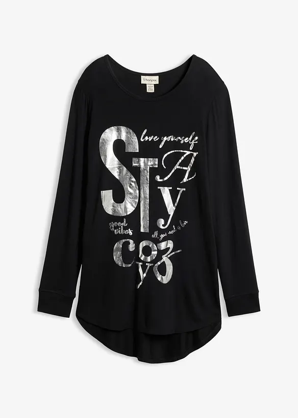 Langarmshirt aus fließendem Viskose-Mix in schwarz von vorne - bonprix