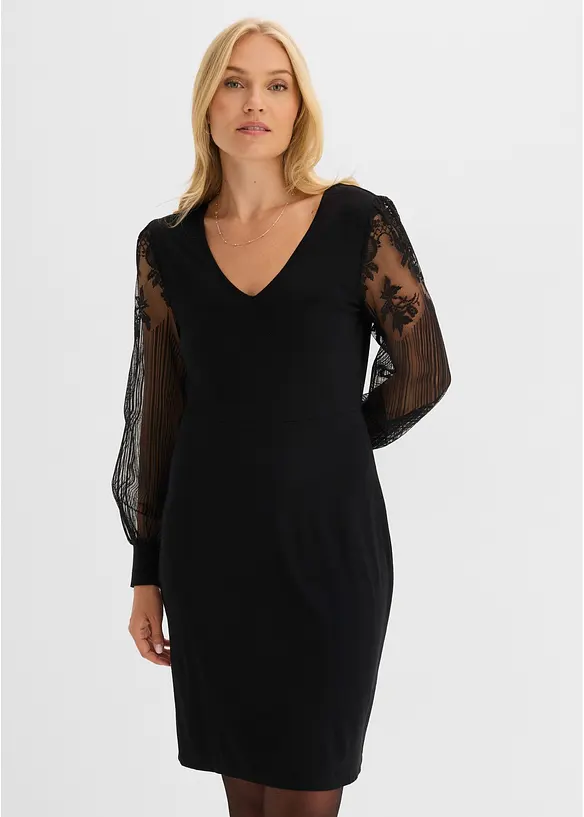 Minikleid mit transparenten Ballonärmeln und Stickerei in schwarz von vorne (Totalaufnahme) - bonprix