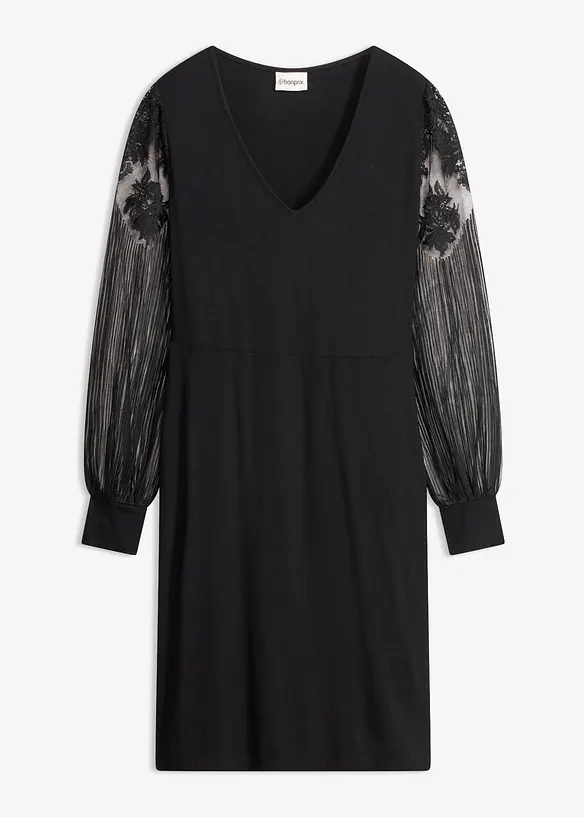 Minikleid mit transparenten Ballonärmeln und Stickerei in schwarz von vorne - bonprix