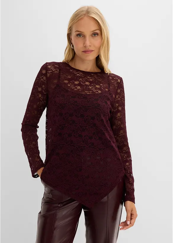 Langarmshirt aus elastischer Spitze in rot von vorne (im Anschnitt) - bonprix