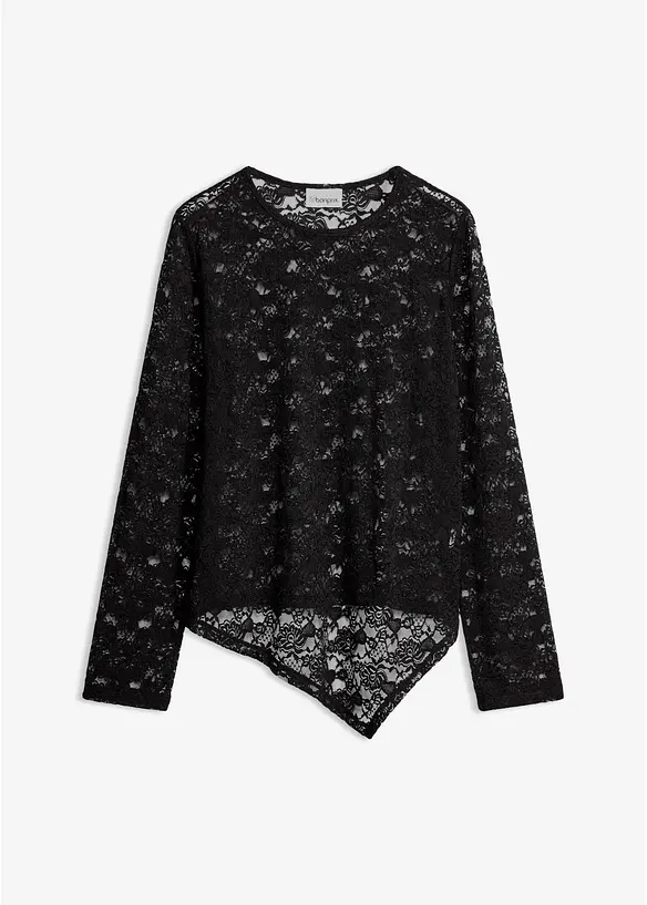 Langarmshirt aus elastischer Spitze in schwarz von vorne - bonprix