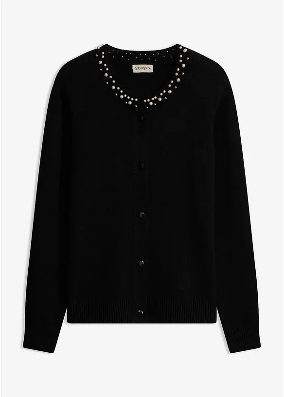 Feinstrickjacke mit Perlen-Kragen in schwarz von vorne - bonprix