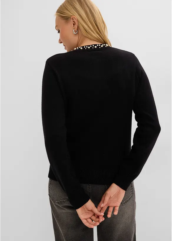 Feinstrickjacke mit Perlen-Kragen in schwarz von hinten (im Anschnitt) - bonprix