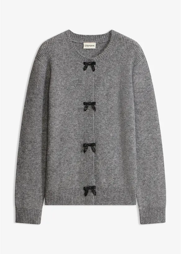 Feinstrickjacke mit Schleifen-Verschluss in grau von vorne - bonprix