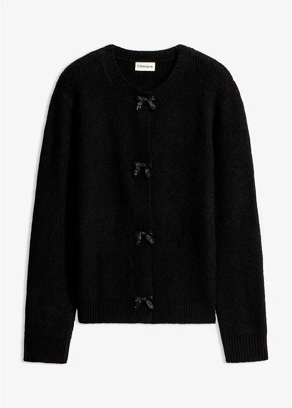 Feinstrickjacke mit Schleifen-Verschluss in schwarz von vorne - bonprix