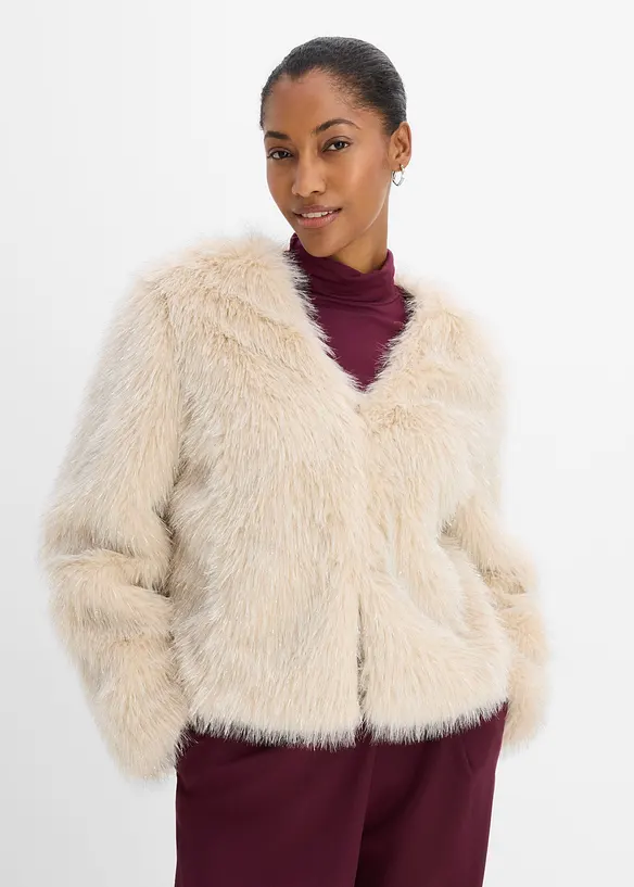 Fellimitat-Jacke mit Glitzereffekt in beige von vorne (im Anschnitt) - bonprix