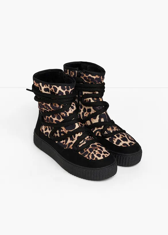 Gefütterte Schnürboots im Animal-Look in schwarz - bonprix