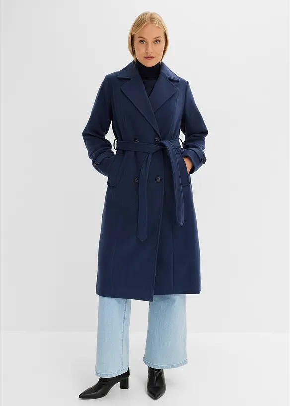 Winter-Trenchcoat in Wolloptik in blau von vorne (Totalaufnahme) - bonprix
