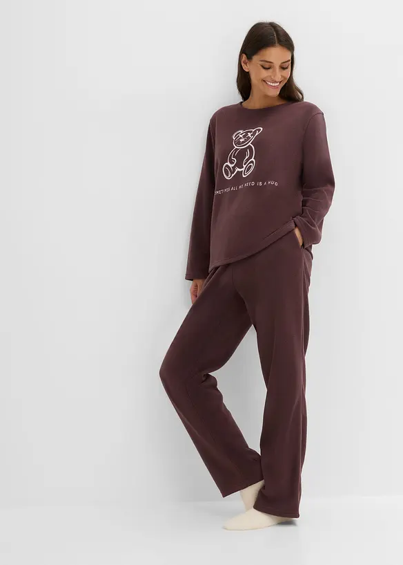 Loungewear Fleece Hausanzug in lila im Look von vorne (Totalaufnahme) - bonprix