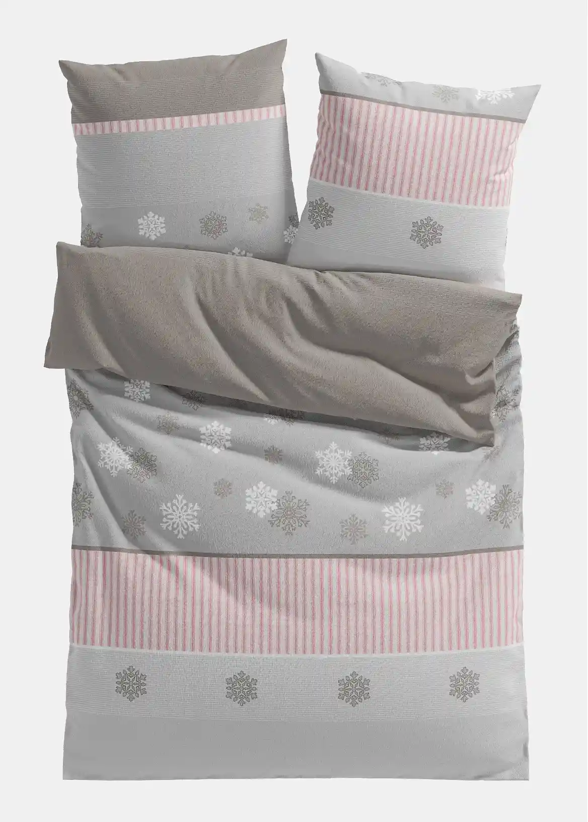 Bettwäsche mit Schneeflocken - taupe/rosa, Biber