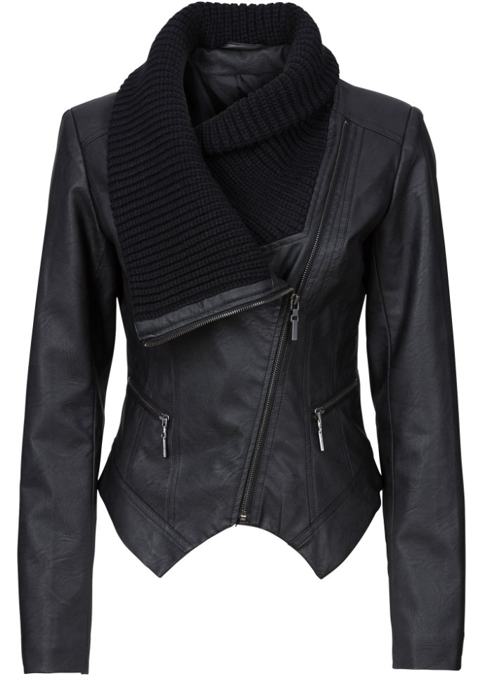Lederimitat-Jacke mit Schalkragen in schwarz von vorne - BODYFLIRT