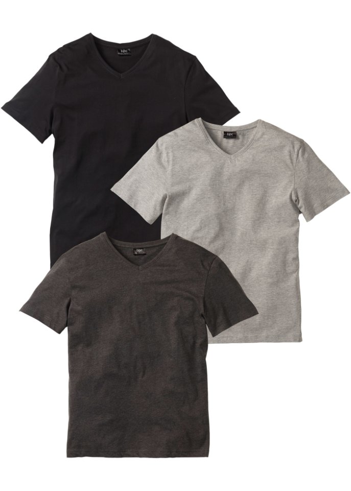 T-Shirt mit V-Ausschnitt (3er Pack) in grau von vorne - bpc bonprix collection