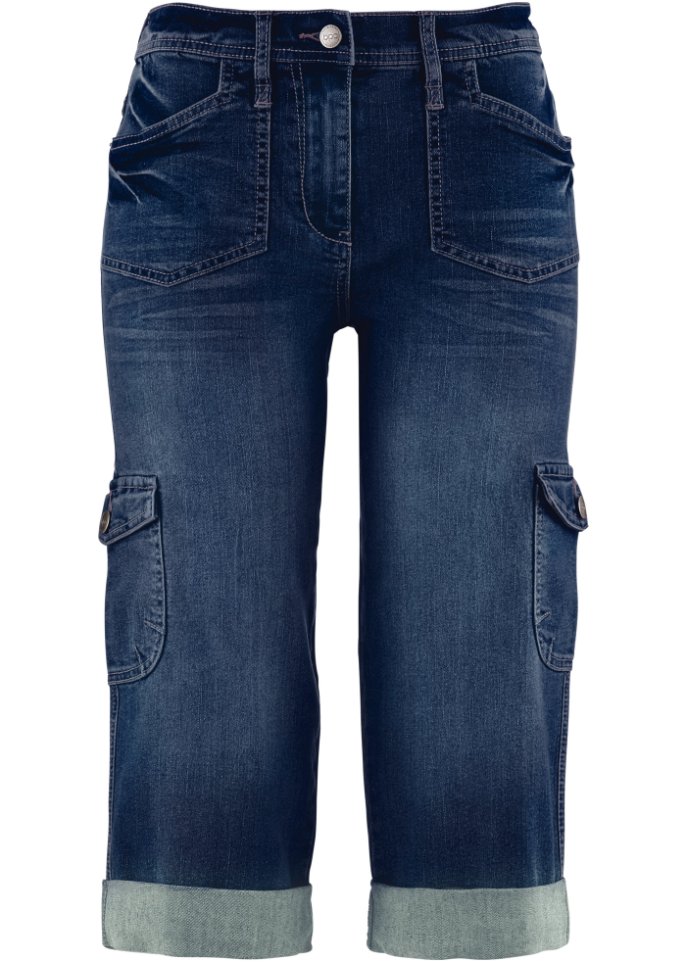 Cargo Jeans, Mid Waist, Stretch in blau von vorne - bpc bonprix collection