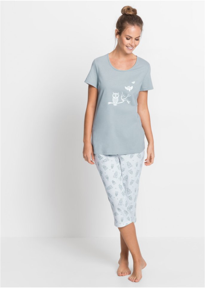 violist brug inkomen Toller Capri-Pyjama mit süßem Eulenprint - silbergrau/weiß