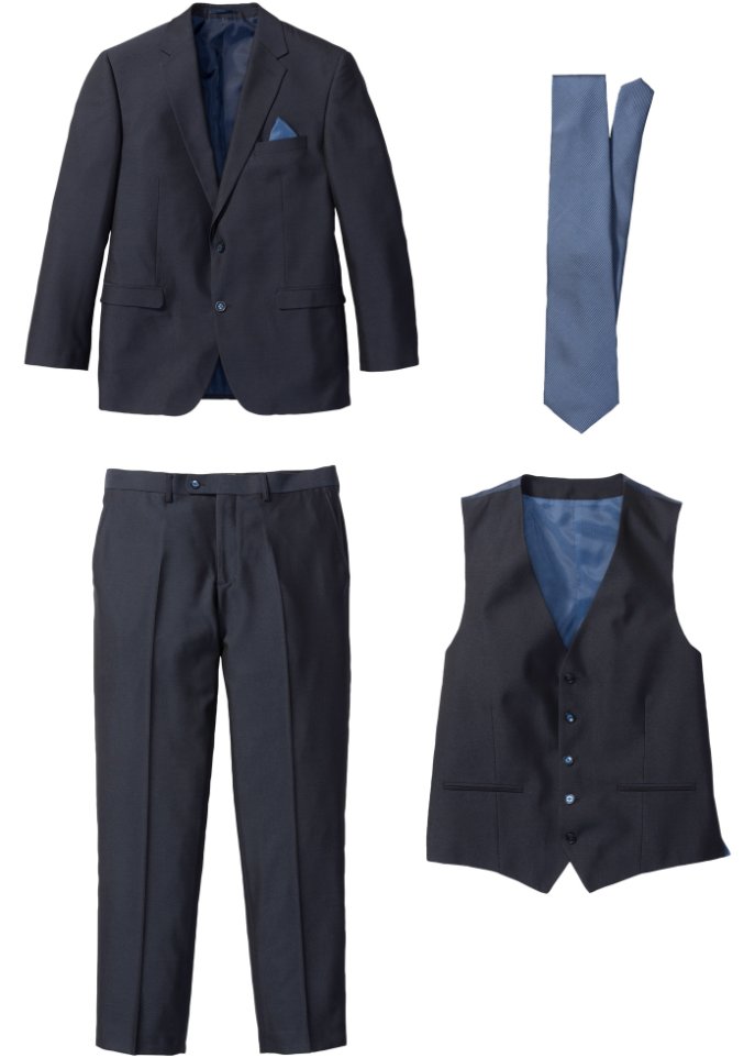 Anzug (4-tlg. Set): Sakko, Hose, Weste, Krawatte in blau von vorne - bpc selection