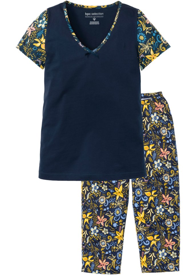 Capri Pyjama mit kurzen Ärmeln in blau von vorne - bpc selection