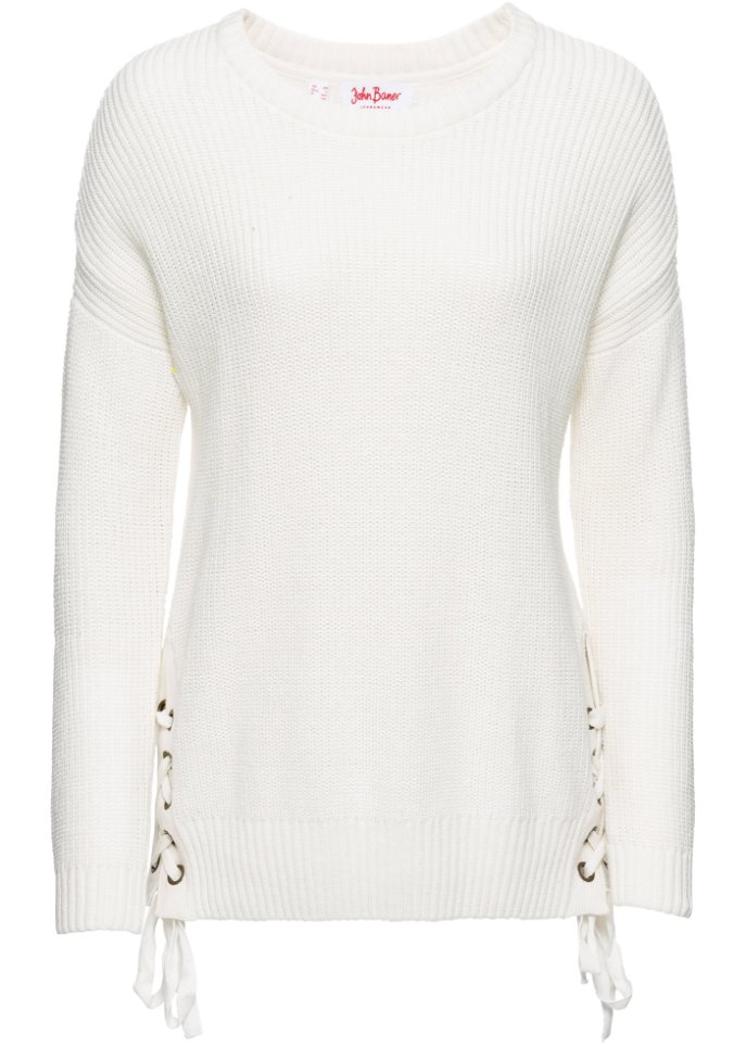 Baumwoll Pullover mit Schnürung, Oversized in weiß von vorne - John Baner JEANSWEAR