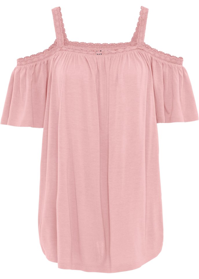 Cold-Shoulder-Shirt mit Spitzenborte in rosa von vorne - RAINBOW