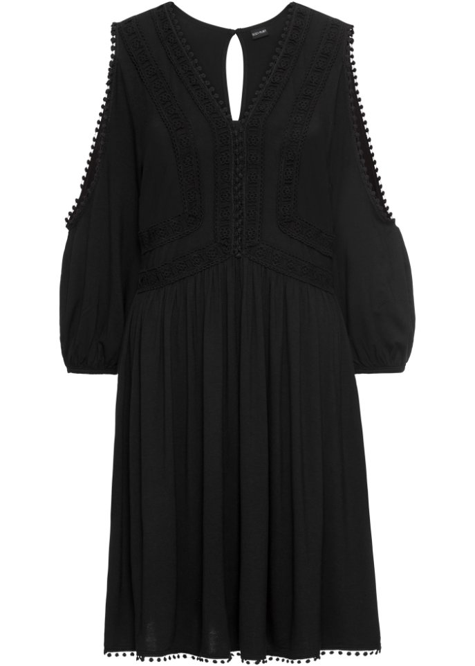 Jerseykleid mit Cut-Outs und Spitzendetail in schwarz von vorne - BODYFLIRT