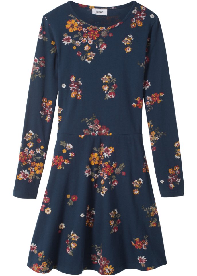 Mädchen Langarm-Jerseykleid mit Blumenmuster in blau von vorne - bpc bonprix collection