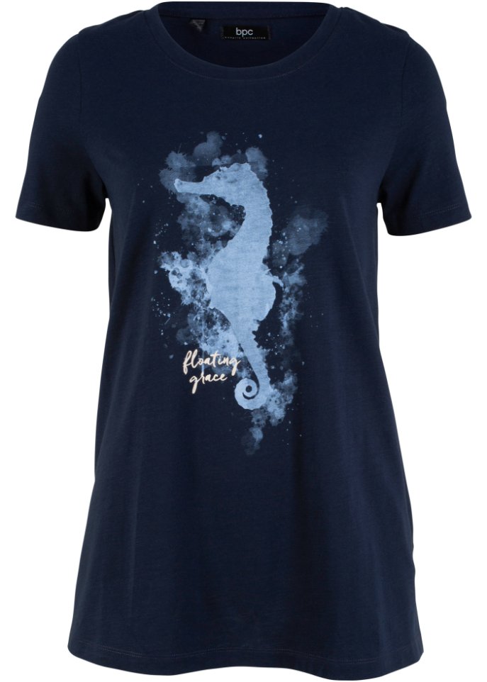 T-Shirt mit Seepferdchen Druck aus Bio-Baumwolle in blau von vorne - bpc bonprix collection